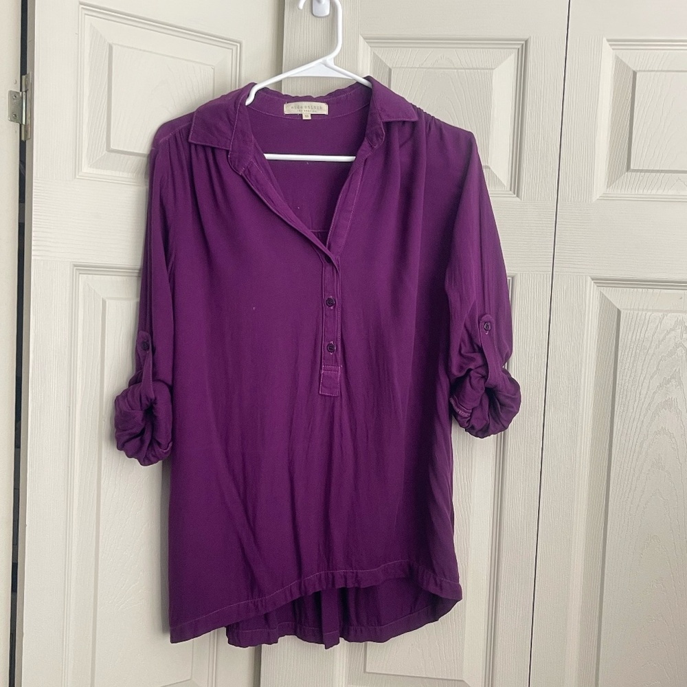 Side Stitch women's purple 3 Buttons Curved Hem Top roll-up sleeve.    #222